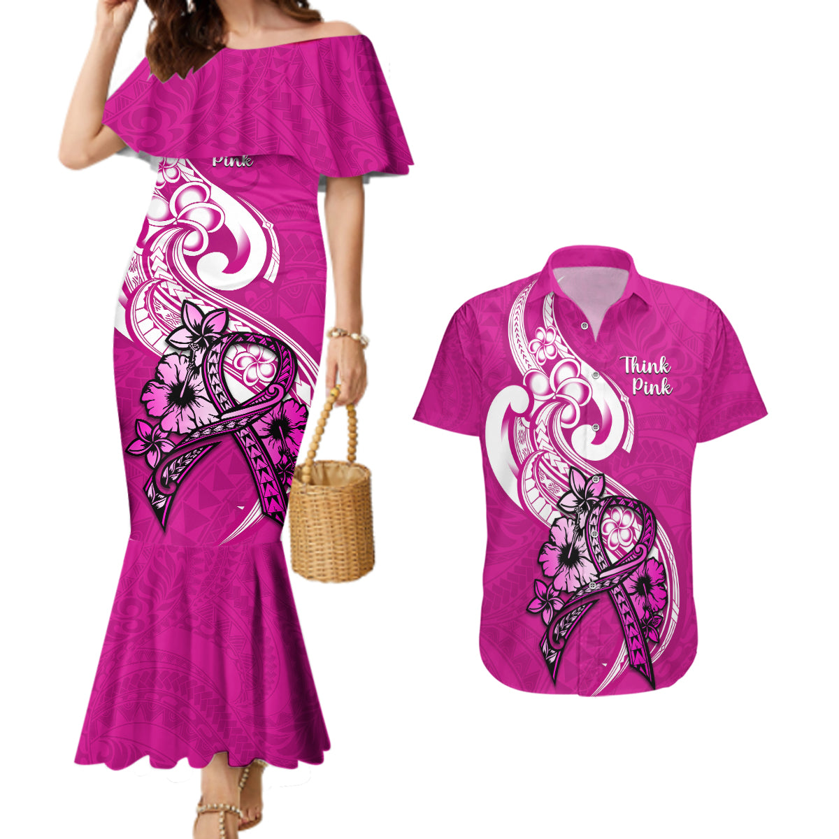 personalised-polynesia-breast-cancer-awareness-couples-matching-mermaid-dress-and-hawaiian-shirt-think-pink-polynesian-ribbon-white-version