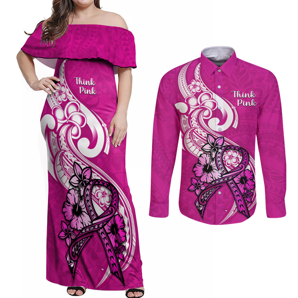 Personalised Polynesia Breast Cancer Awareness Couples Matching Off Shoulder Maxi Dress and Long Sleeve Button Shirts Think Pink Polynesian Ribbon White Version LT14 Pink - Polynesian Pride