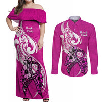 Personalised Polynesia Breast Cancer Awareness Couples Matching Off Shoulder Maxi Dress and Long Sleeve Button Shirts Think Pink Polynesian Ribbon White Version LT14 Pink - Polynesian Pride
