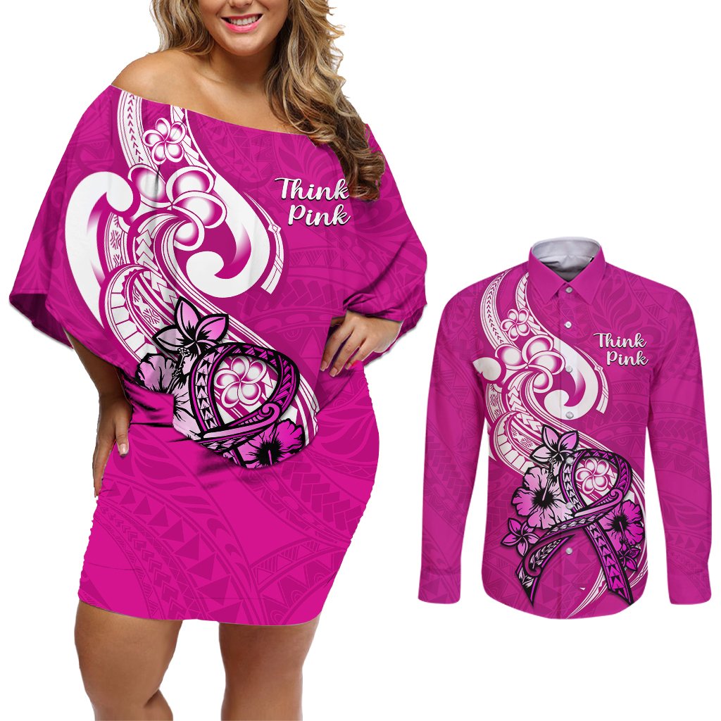Personalised Polynesia Breast Cancer Awareness Couples Matching Off Shoulder Short Dress and Long Sleeve Button Shirts Think Pink Polynesian Ribbon White Version LT14 Pink - Polynesian Pride