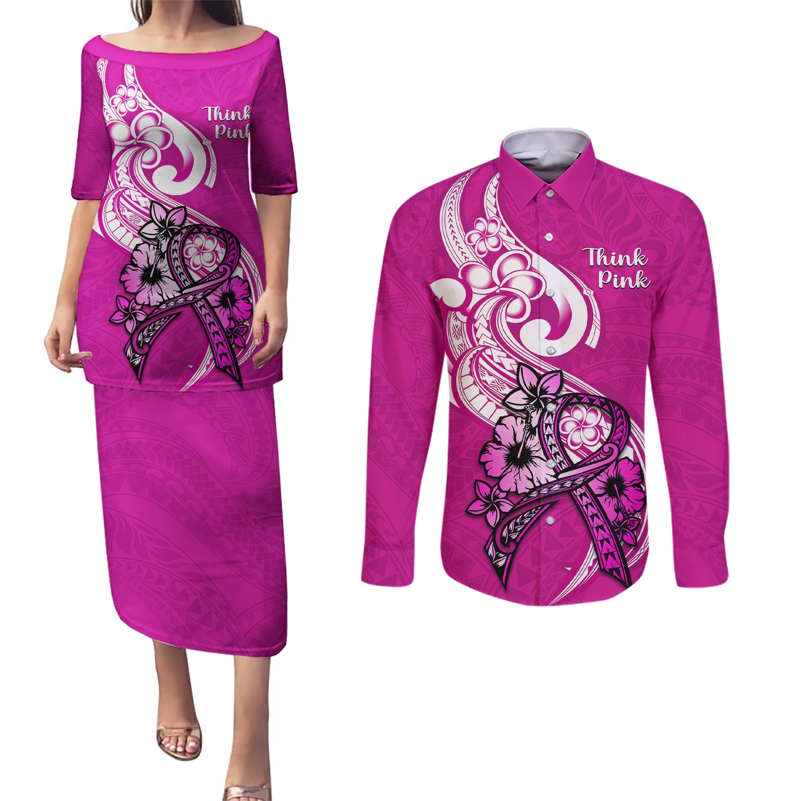 Personalised Polynesia Breast Cancer Awareness Couples Matching Puletasi Dress and Long Sleeve Button Shirts Think Pink Polynesian Ribbon White Version LT14 Pink - Polynesian Pride