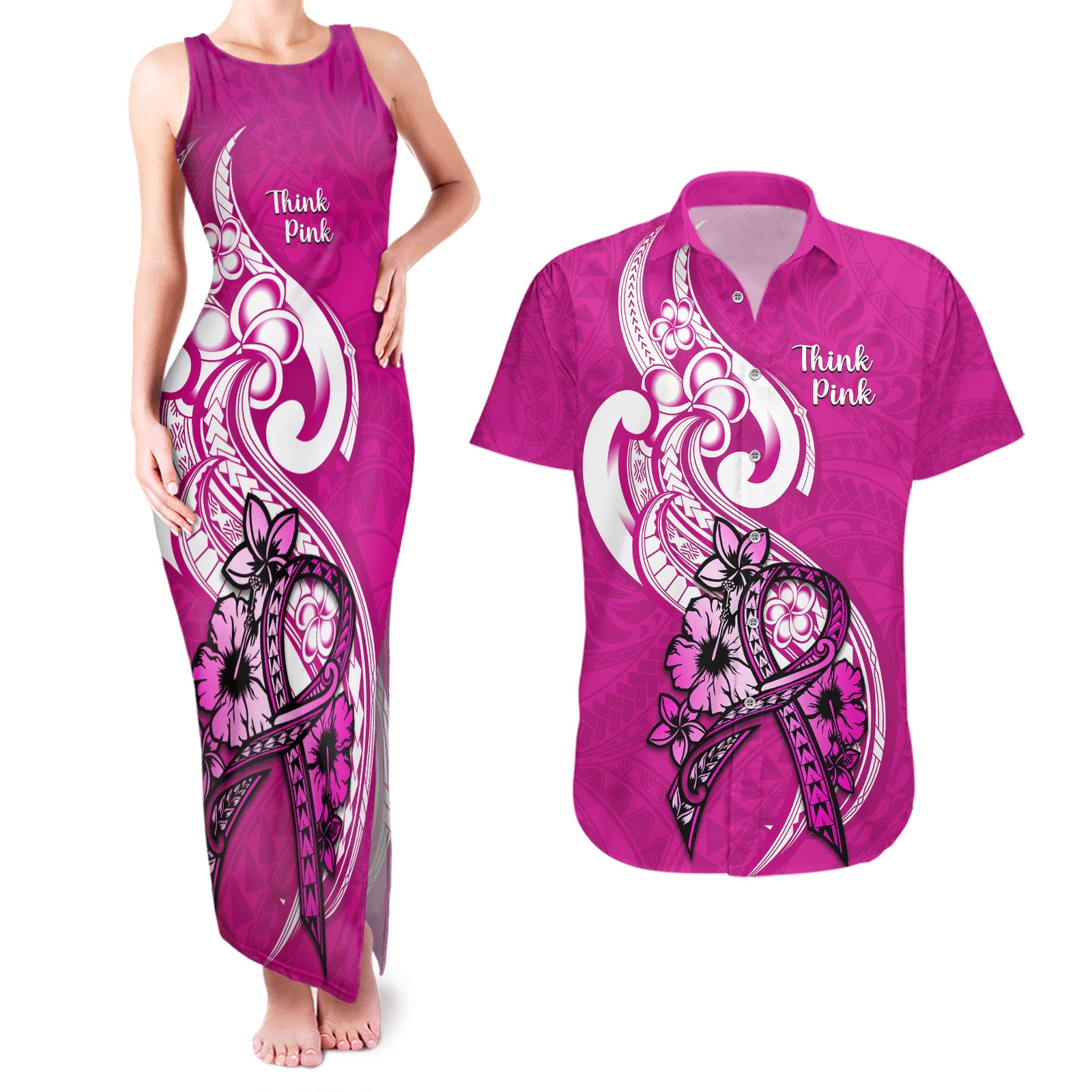 Personalised Polynesia Breast Cancer Awareness Couples Matching Tank Maxi Dress and Hawaiian Shirt Think Pink Polynesian Ribbon White Version LT14 Pink - Polynesian Pride
