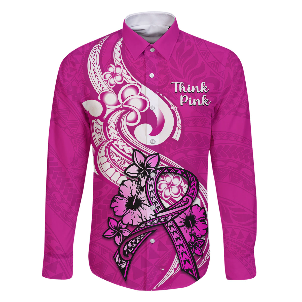 personalised-polynesia-breast-cancer-awareness-family-matching-long-sleeve-bodycon-dress-and-hawaiian-shirt-think-pink-polynesian-ribbon-white-version