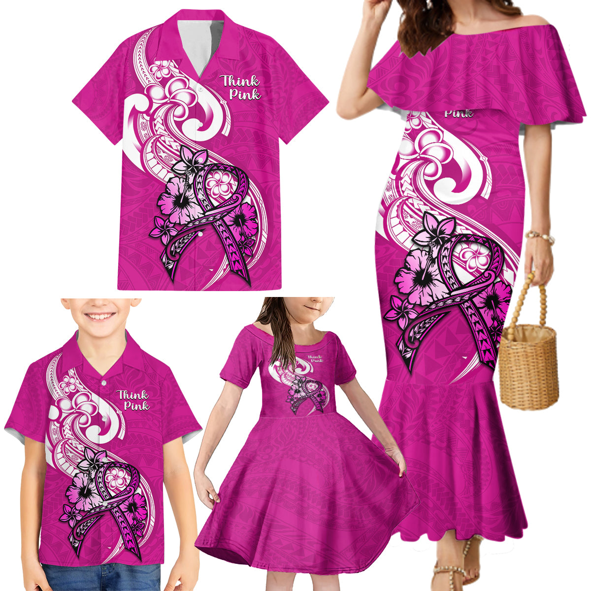 personalised-polynesia-breast-cancer-awareness-family-matching-mermaid-dress-and-hawaiian-shirt-think-pink-polynesian-ribbon-white-version