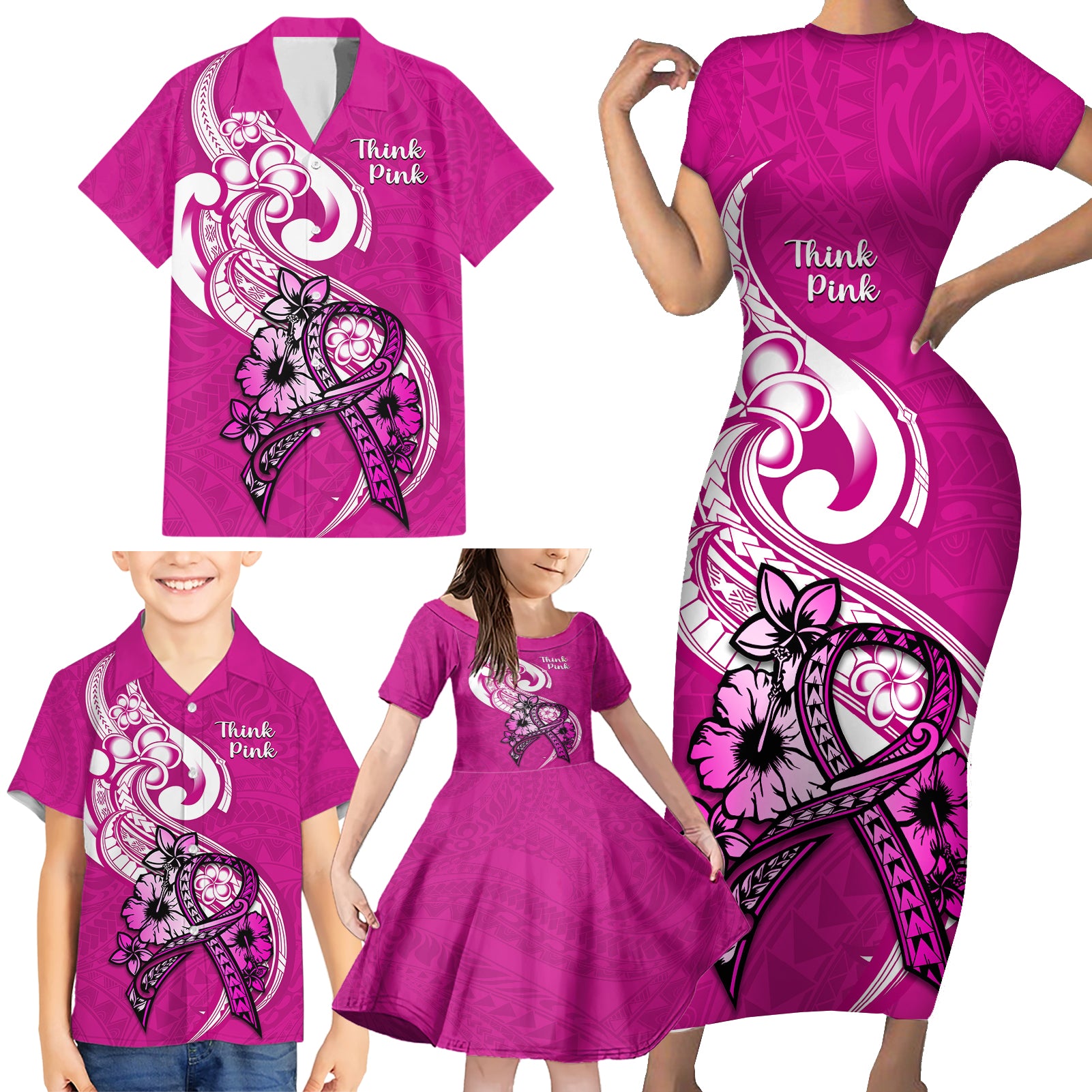 Personalised Polynesia Breast Cancer Awareness Family Matching Short Sleeve Bodycon Dress and Hawaiian Shirt Think Pink Polynesian Ribbon White Version LT14 - Polynesian Pride