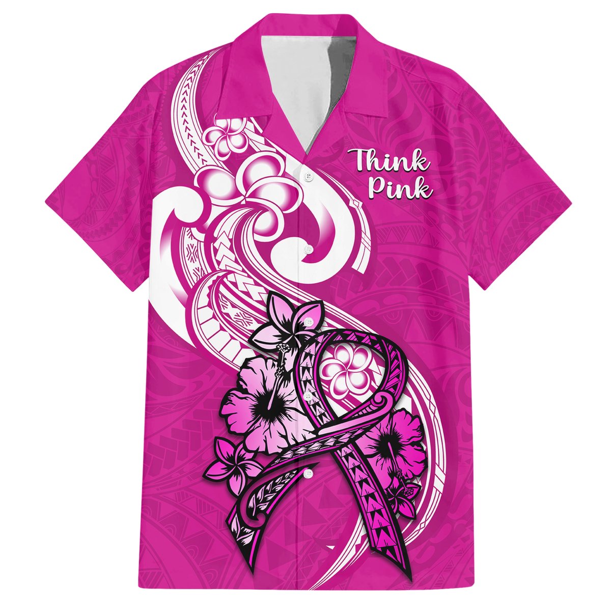 Personalised Polynesia Breast Cancer Awareness Hawaiian Shirt Think Pink Polynesian Ribbon White Version LT14 Pink - Polynesian Pride