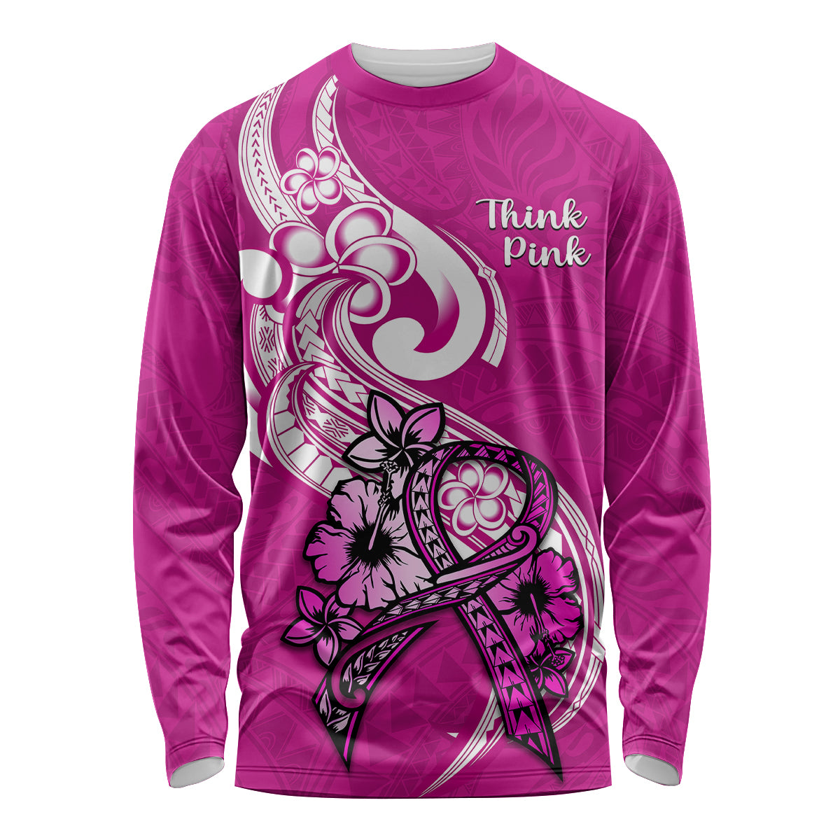 Personalised Polynesia Breast Cancer Awareness Long Sleeve Shirt Think Pink Polynesian Ribbon White Version LT14 Unisex Pink - Polynesian Pride