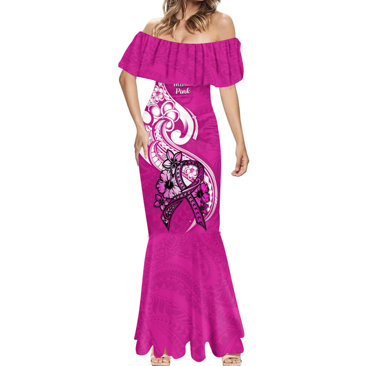 personalised-polynesia-breast-cancer-awareness-mermaid-dress-think-pink-polynesian-ribbon-white-version