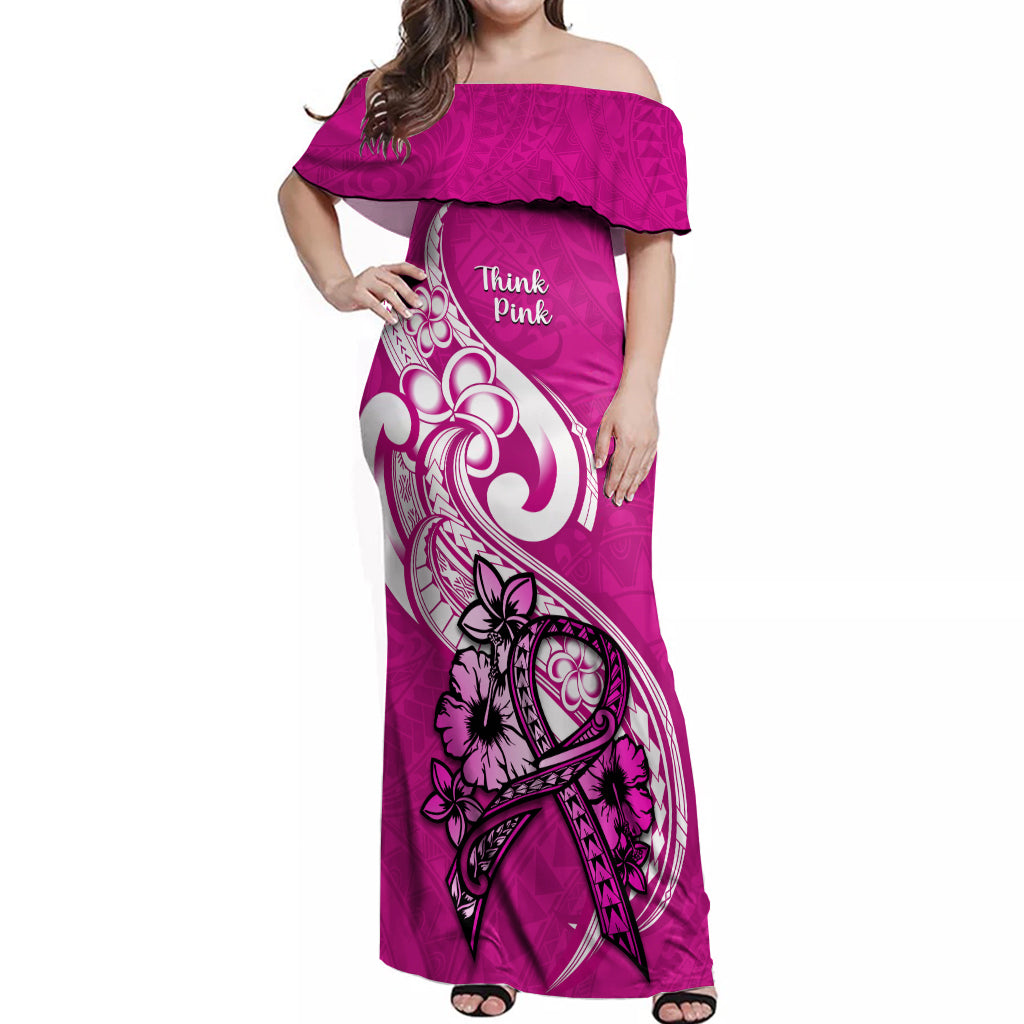 Personalised Polynesia Breast Cancer Awareness Off Shoulder Maxi Dress Think Pink Polynesian Ribbon White Version LT14 Women Pink - Polynesian Pride