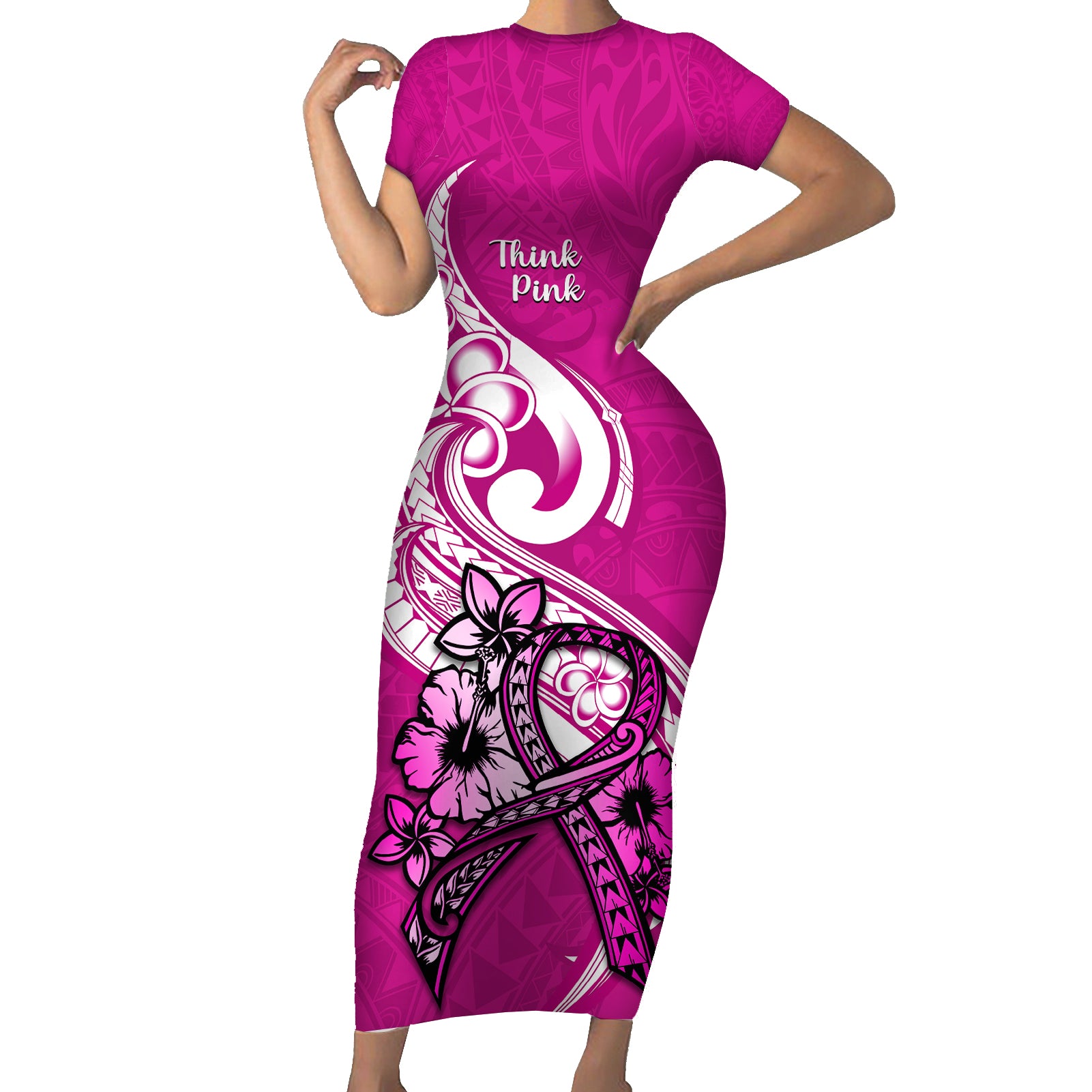 personalised-polynesia-breast-cancer-awareness-short-sleeve-bodycon-dress-think-pink-polynesian-ribbon-white-version