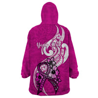 Personalised Polynesia Breast Cancer Awareness Wearable Blanket Hoodie Think Pink Polynesian Ribbon White Version LT14 - Polynesian Pride