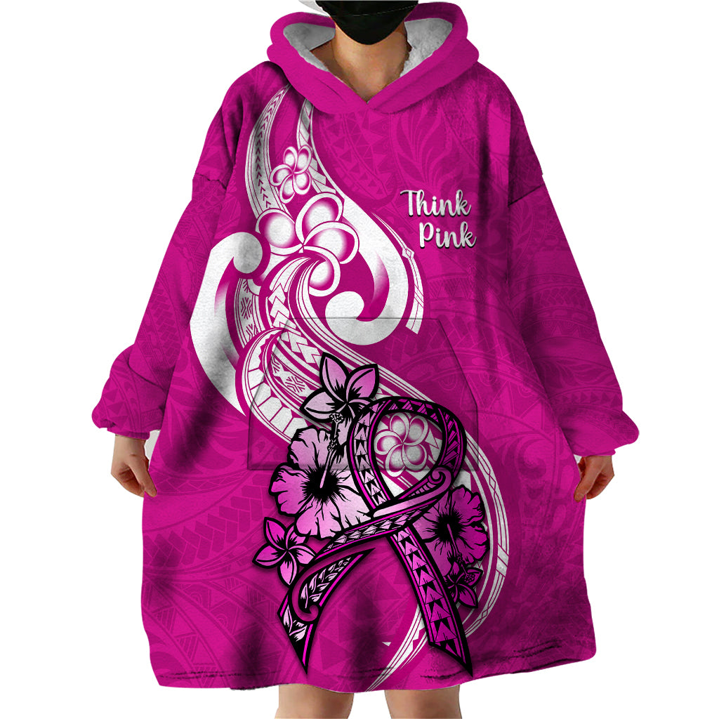 Personalised Polynesia Breast Cancer Awareness Wearable Blanket Hoodie Think Pink Polynesian Ribbon White Version LT14 - Polynesian Pride