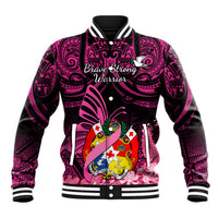 Presonalised Tonga Breast Cancer Awareness Baseball Jacket Pink Ribbon Brave Strong Warrior Tongan Ngatu Pattern LT14 Unisex Pink - Polynesian Pride