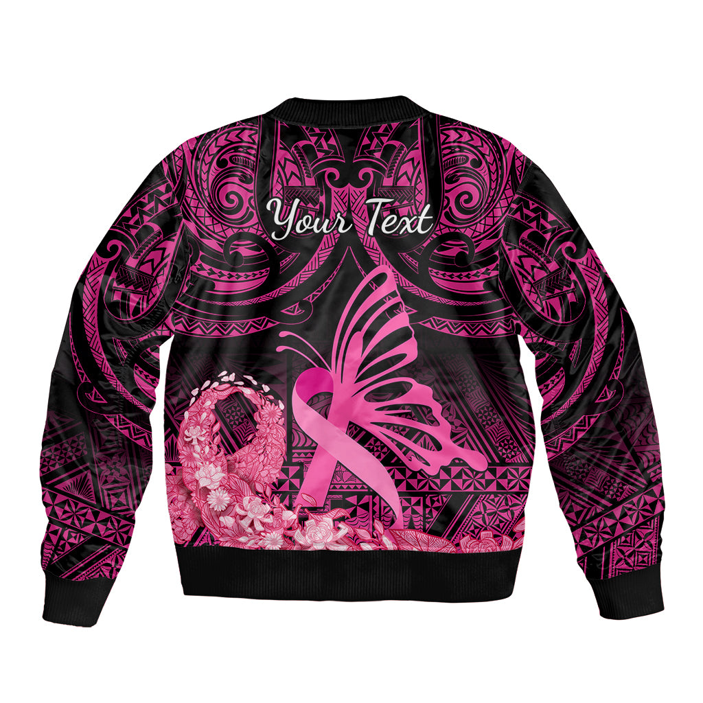 Presonalised Tonga Breast Cancer Awareness Bomber Jacket Pink Ribbon Brave Strong Warrior Tongan Ngatu Pattern LT14 - Polynesian Pride