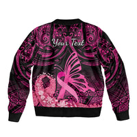 Presonalised Tonga Breast Cancer Awareness Bomber Jacket Pink Ribbon Brave Strong Warrior Tongan Ngatu Pattern LT14 - Polynesian Pride