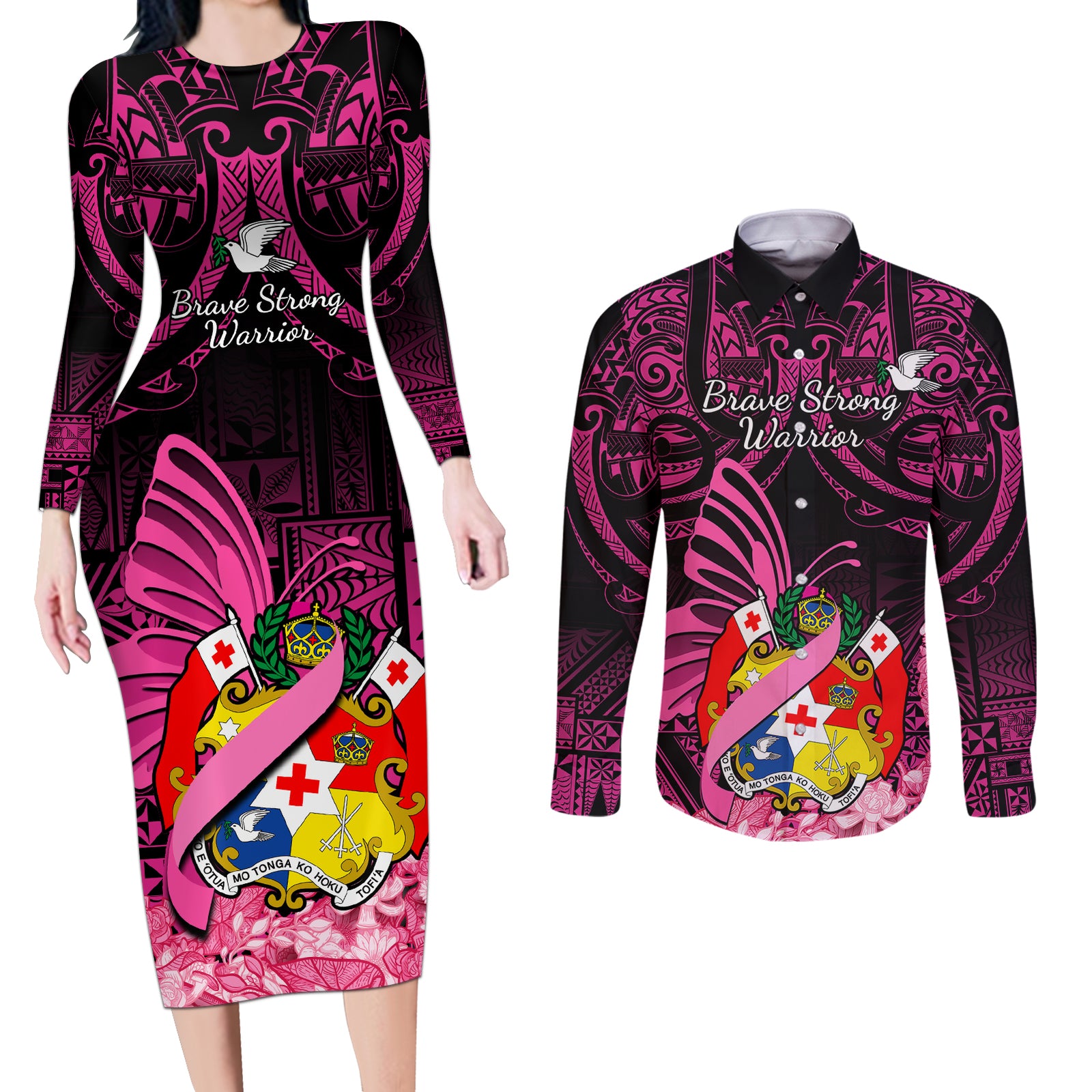 Presonalised Tonga Breast Cancer Awareness Couples Matching Long Sleeve Bodycon Dress and Long Sleeve Button Shirts Pink Ribbon Brave Strong Warrior Tongan Ngatu Pattern LT14 Pink - Polynesian Pride
