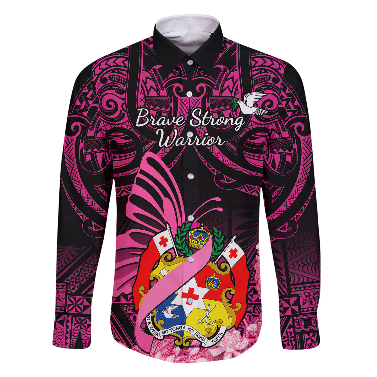 Presonalised Tonga Breast Cancer Awareness Family Matching Long Sleeve Bodycon Dress and Hawaiian Shirt Pink Ribbon Brave Strong Warrior Tongan Ngatu Pattern LT14 Dad's Shirt - Long Sleeve Pink - Polynesian Pride
