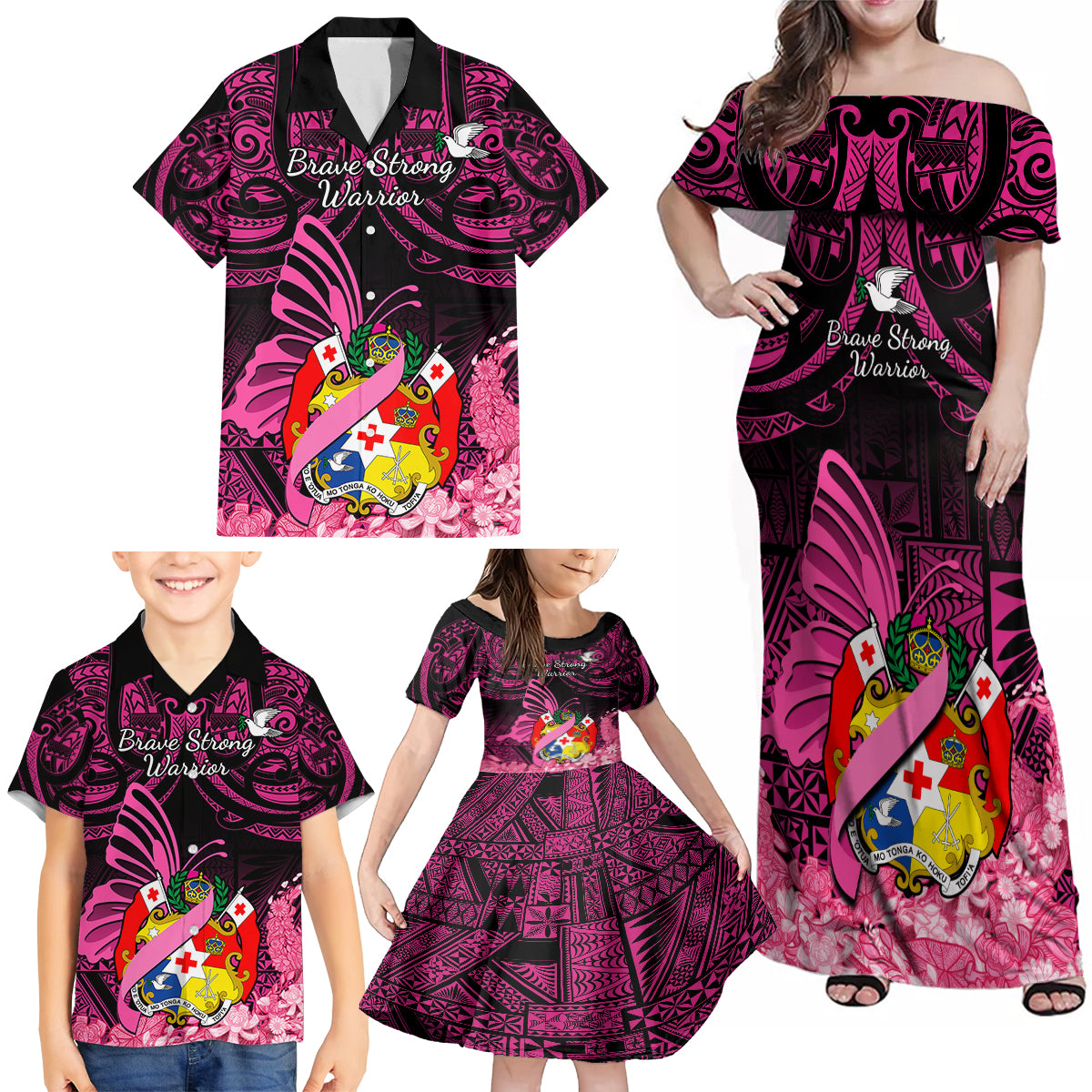 Presonalised Tonga Breast Cancer Awareness Family Matching Off Shoulder Maxi Dress and Hawaiian Shirt Pink Ribbon Brave Strong Warrior Tongan Ngatu Pattern LT14 - Polynesian Pride