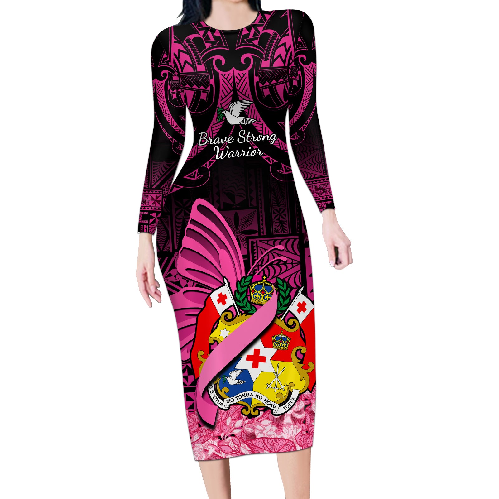 presonalised-tonga-breast-cancer-awareness-long-sleeve-bodycon-dress-pink-ribbon-brave-strong-warrior-tongan-ngatu-pattern