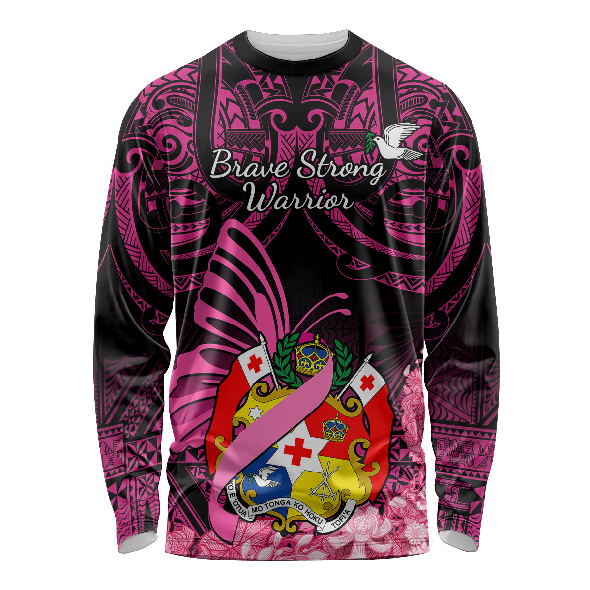 Presonalised Tonga Breast Cancer Awareness Long Sleeve Shirt Pink Ribbon Brave Strong Warrior Tongan Ngatu Pattern LT14 Unisex Pink - Polynesian Pride