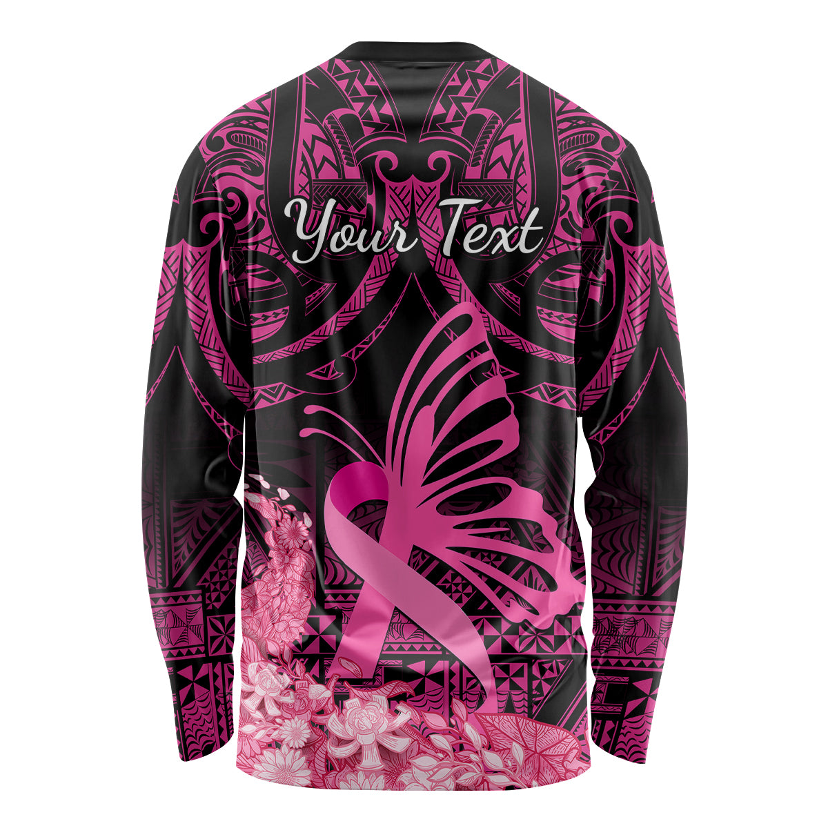 Presonalised Tonga Breast Cancer Awareness Long Sleeve Shirt Pink Ribbon Brave Strong Warrior Tongan Ngatu Pattern LT14 - Polynesian Pride