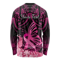 Presonalised Tonga Breast Cancer Awareness Long Sleeve Shirt Pink Ribbon Brave Strong Warrior Tongan Ngatu Pattern LT14 - Polynesian Pride