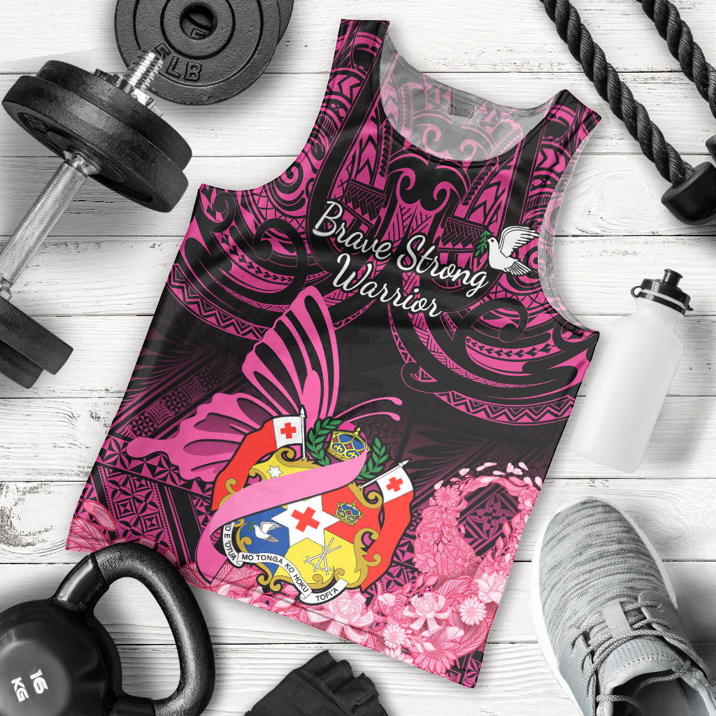 Presonalised Tonga Breast Cancer Awareness Men Tank Top Pink Ribbon Brave Strong Warrior Tongan Ngatu Pattern LT14 Pink - Polynesian Pride