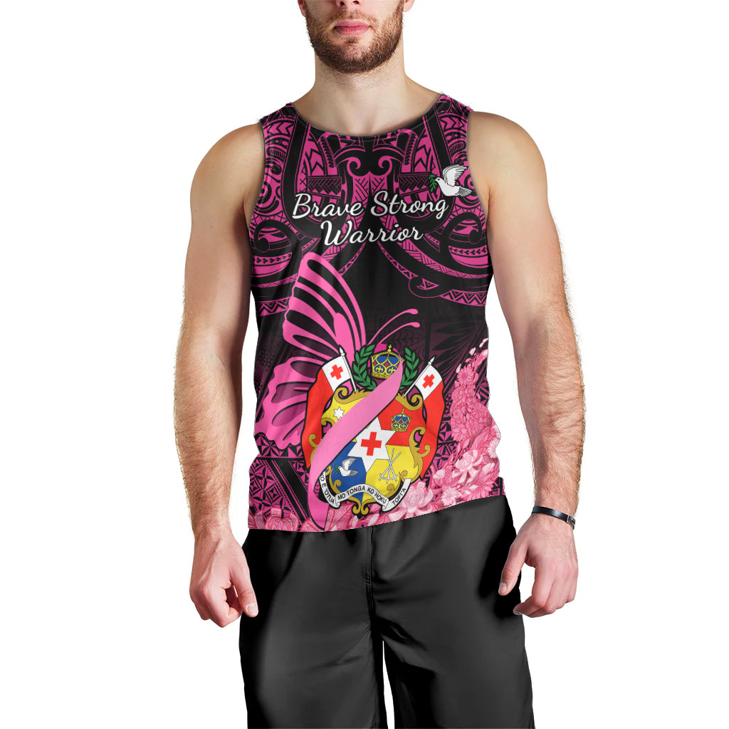 Presonalised Tonga Breast Cancer Awareness Men Tank Top Pink Ribbon Brave Strong Warrior Tongan Ngatu Pattern LT14 - Polynesian Pride