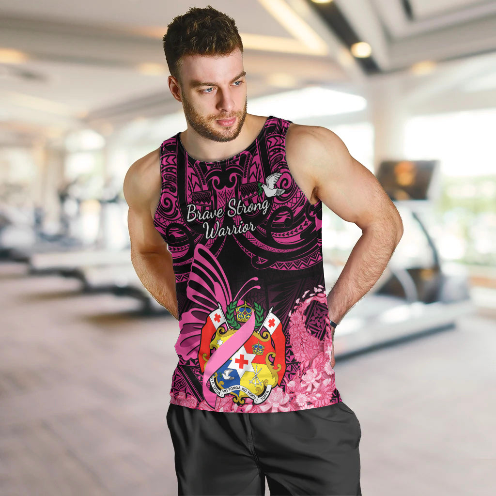 Presonalised Tonga Breast Cancer Awareness Men Tank Top Pink Ribbon Brave Strong Warrior Tongan Ngatu Pattern LT14 - Polynesian Pride