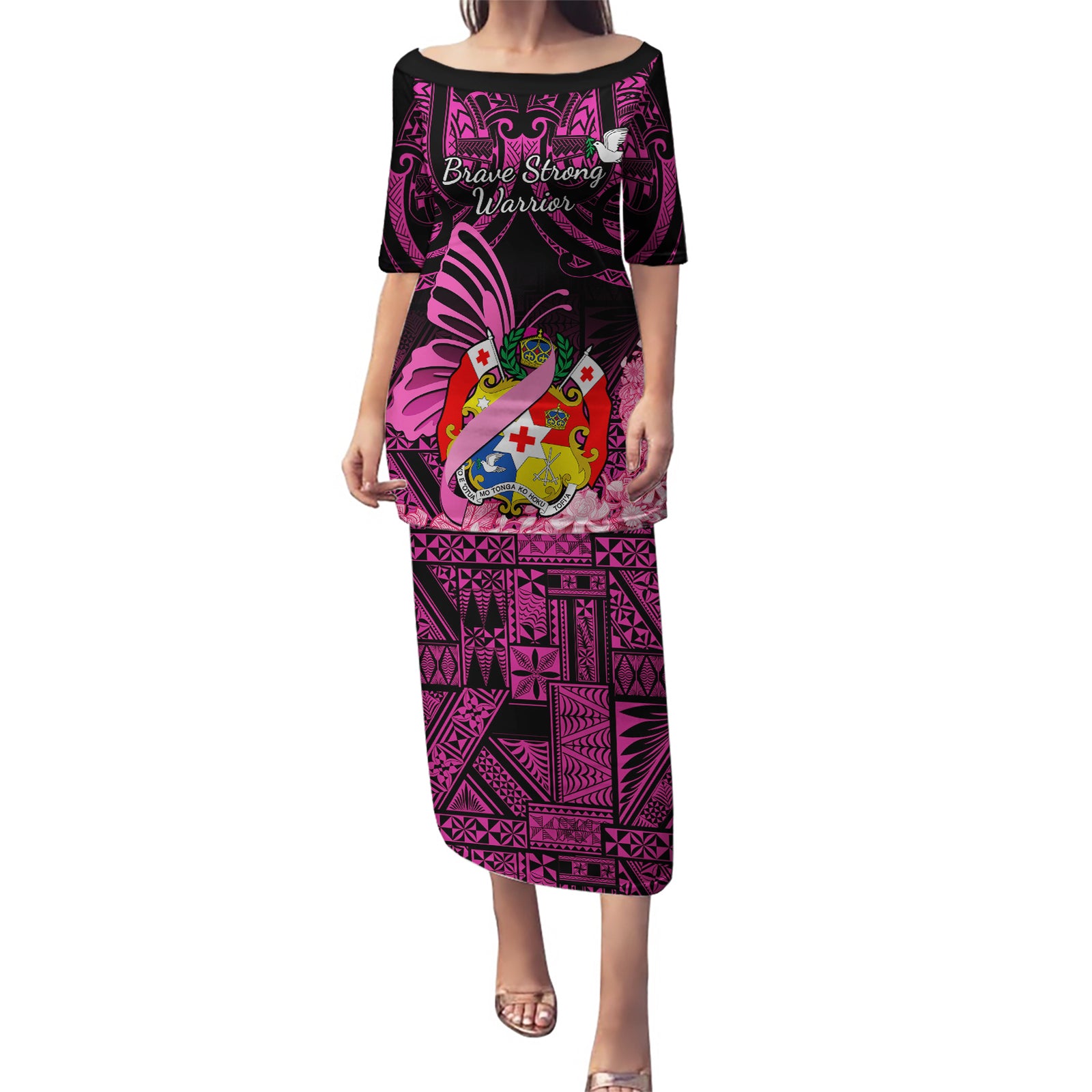 Presonalised Tonga Breast Cancer Awareness Puletasi Pink Ribbon Brave Strong Warrior Tongan Ngatu Pattern LT14 Long Dress Pink - Polynesian Pride