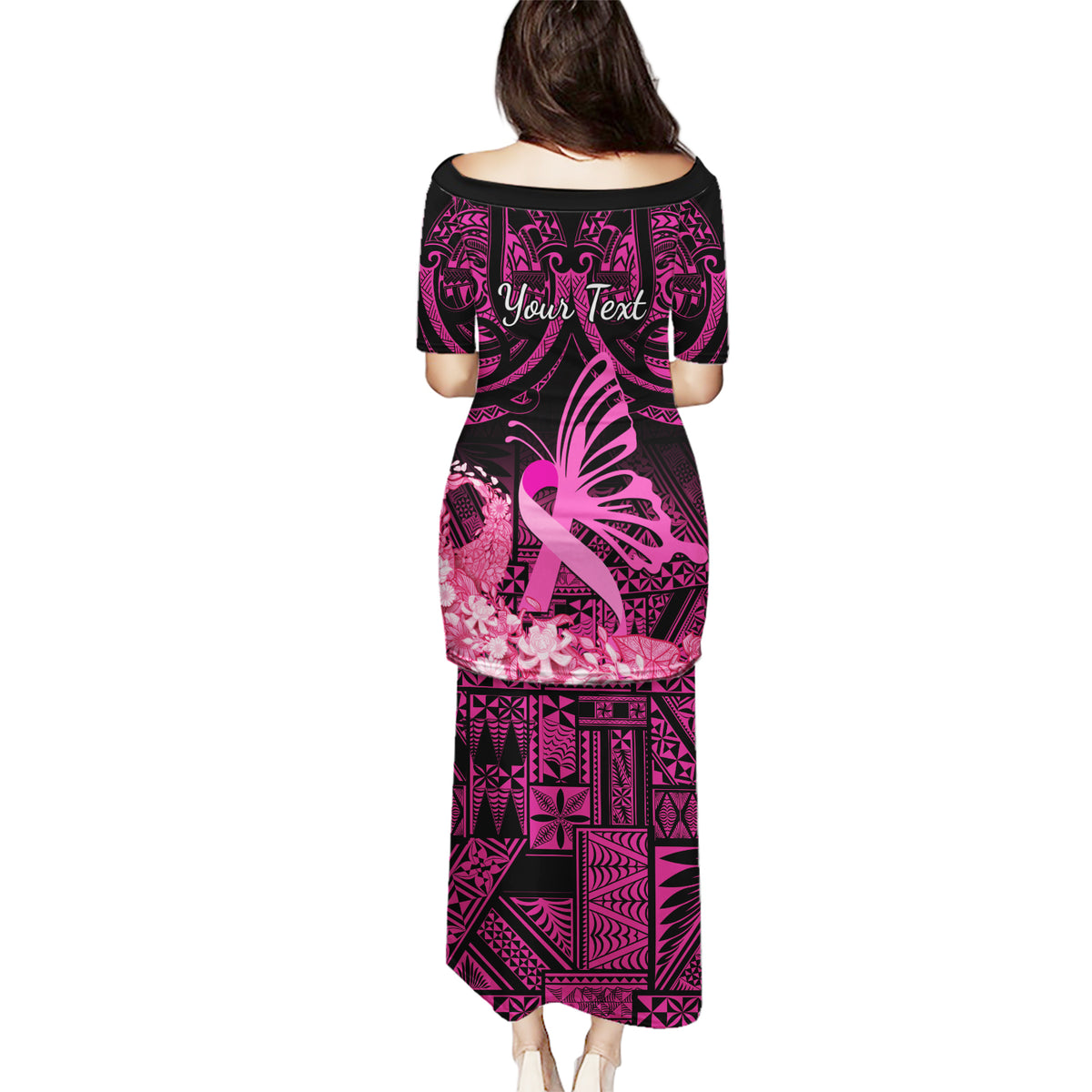 presonalised-tonga-breast-cancer-awareness-puletasi-pink-ribbon-brave-strong-warrior-tongan-ngatu-pattern