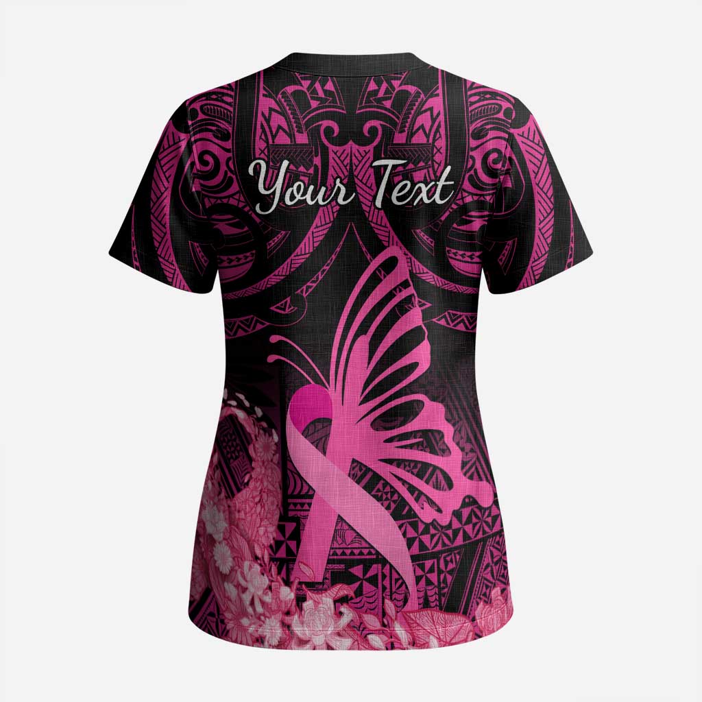 Presonalised Tonga Breast Cancer Awareness Scrub Top Pink Ribbon Brave Strong Warrior Tongan Ngatu Pattern - Polynesian Pride