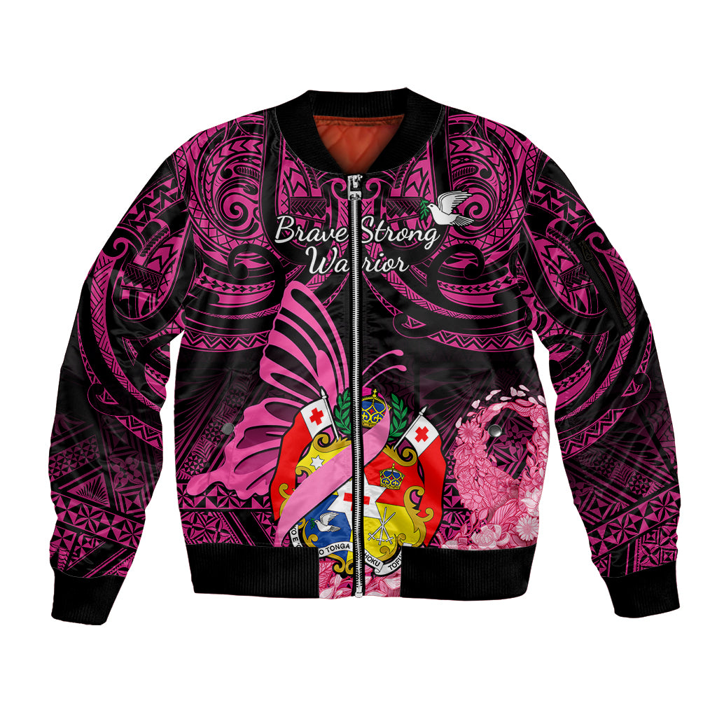 Presonalised Tonga Breast Cancer Awareness Sleeve Zip Bomber Jacket Pink Ribbon Brave Strong Warrior Tongan Ngatu Pattern LT14 Unisex Pink - Polynesian Pride
