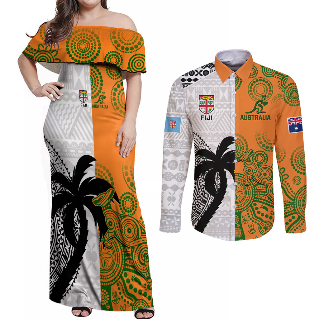 fiji-and-australia-rugby-couples-matching-off-shoulder-maxi-dress-and-long-sleeve-button-shirts-2023-world-cup-aboriginal-mix-tapa-pattern