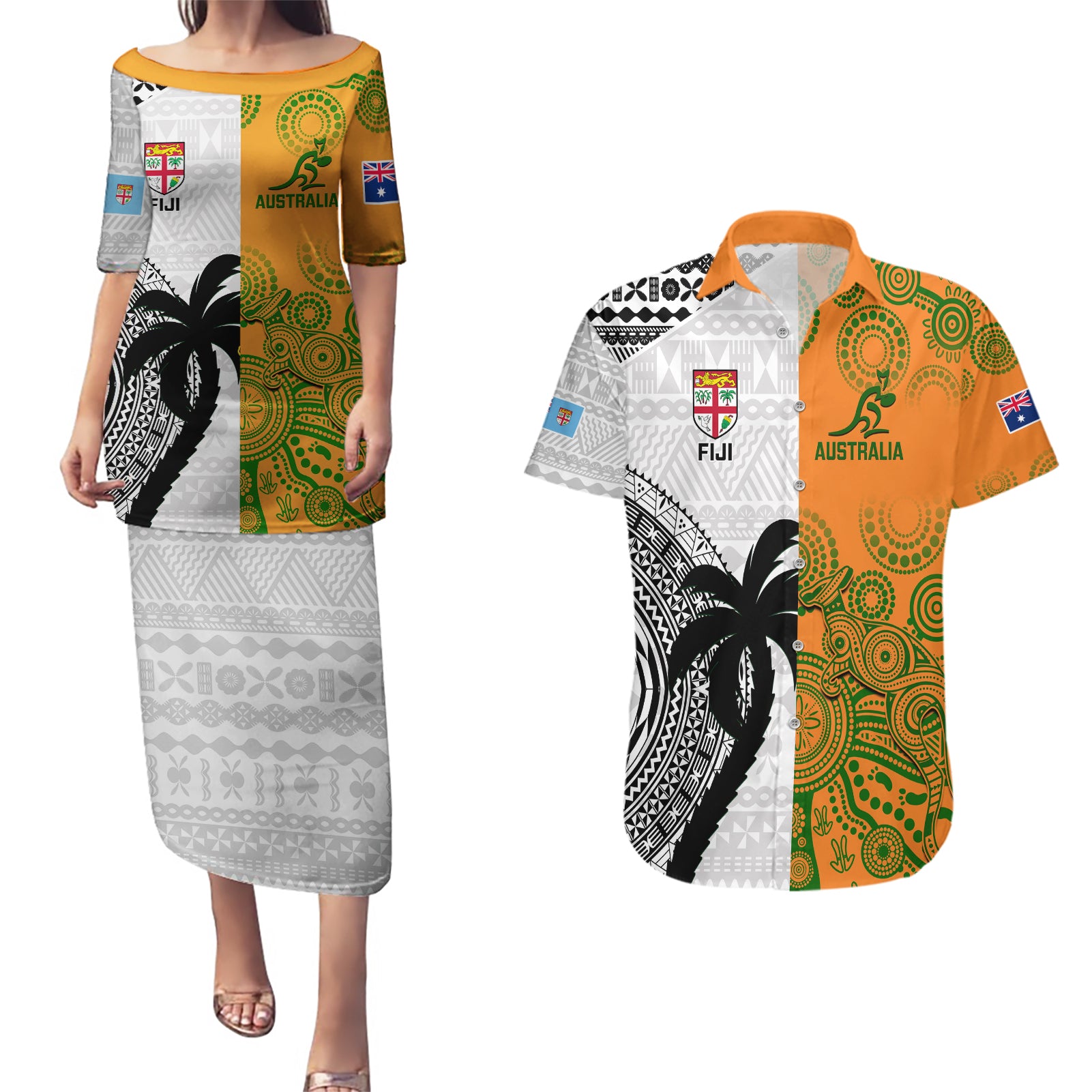 fiji-and-australia-rugby-couples-matching-puletasi-dress-and-hawaiian-shirt-2023-world-cup-aboriginal-mix-tapa-pattern