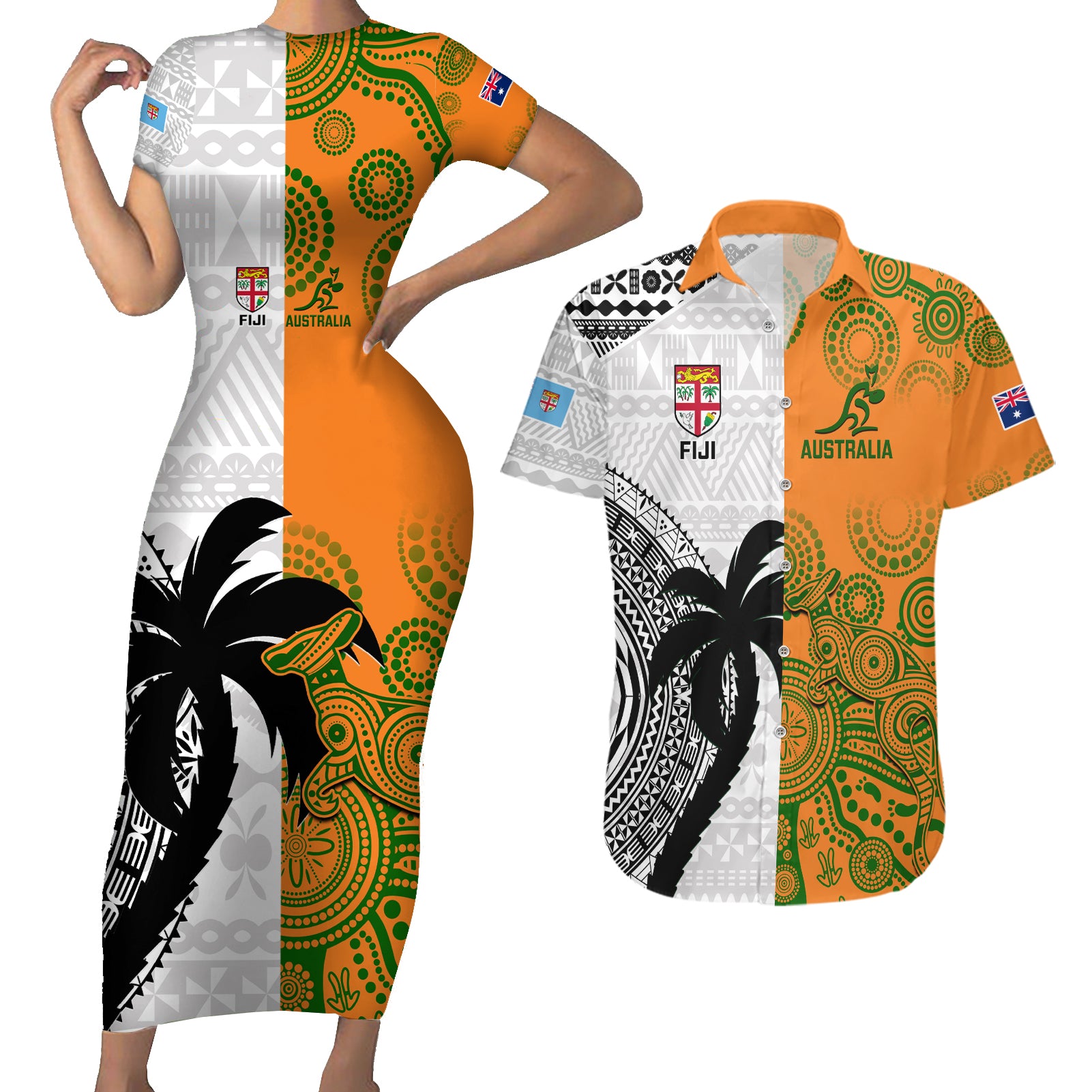 fiji-and-australia-rugby-couples-matching-short-sleeve-bodycon-dress-and-hawaiian-shirt-2023-world-cup-aboriginal-mix-tapa-pattern