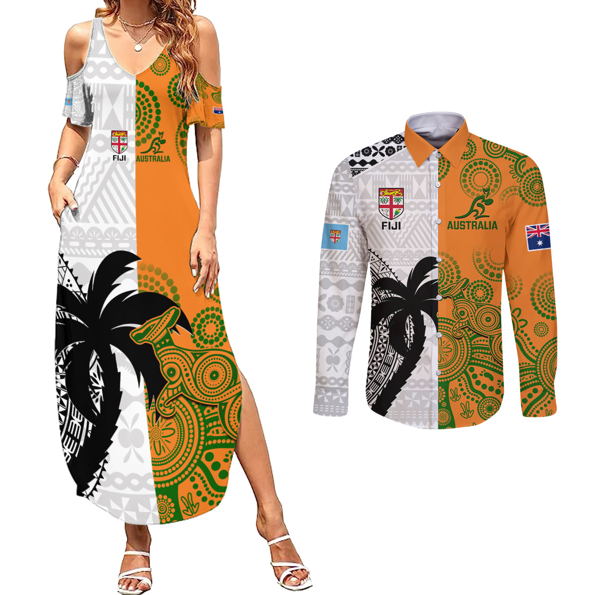 fiji-and-australia-rugby-couples-matching-summer-maxi-dress-and-long-sleeve-button-shirts-2023-world-cup-aboriginal-mix-tapa-pattern