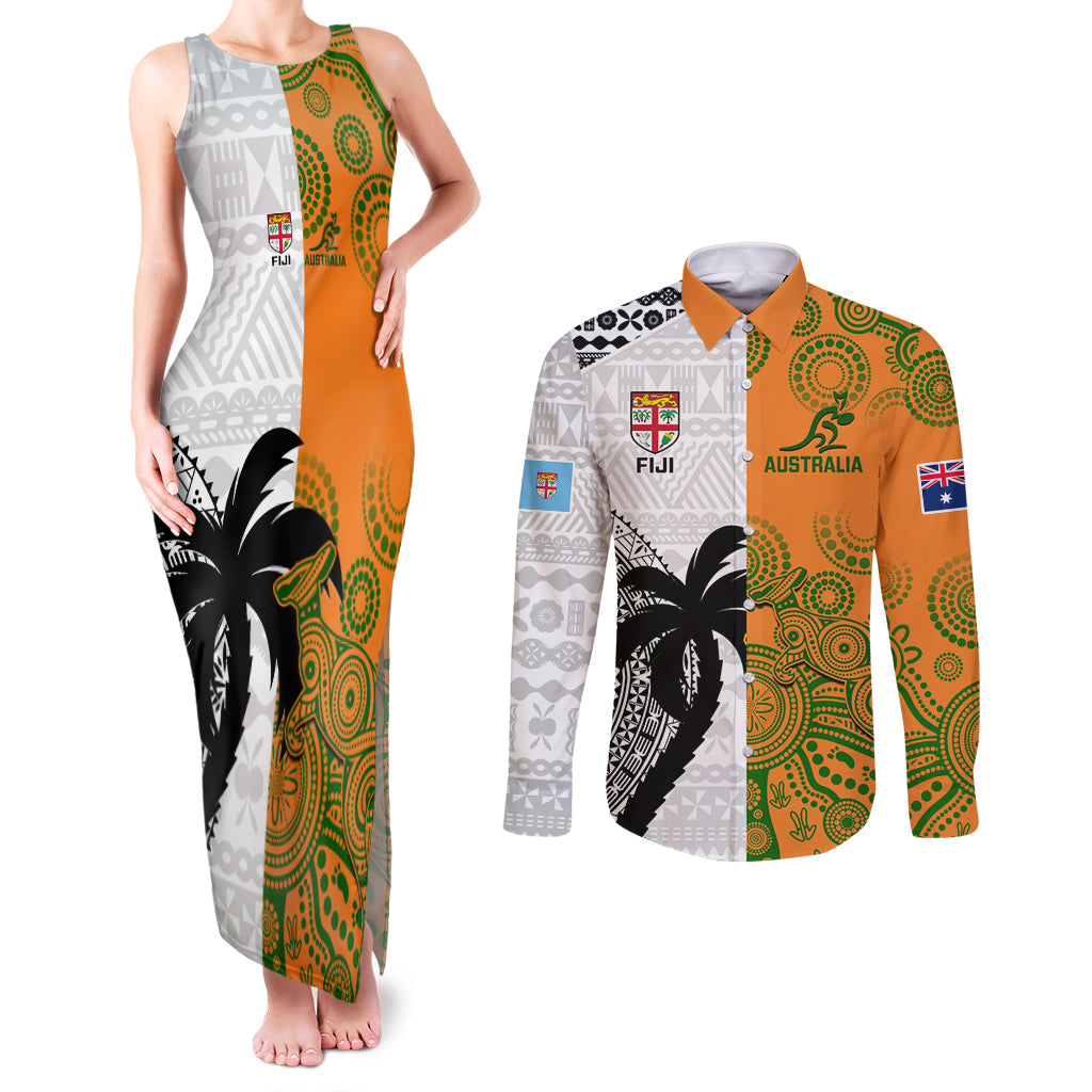 fiji-and-australia-rugby-couples-matching-tank-maxi-dress-and-long-sleeve-button-shirts-2023-world-cup-aboriginal-mix-tapa-pattern