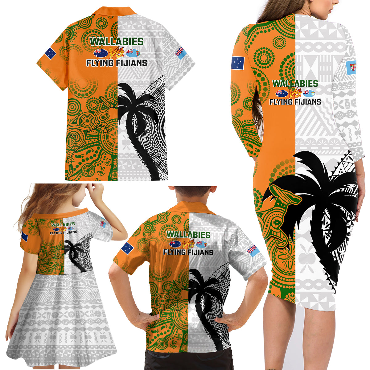 fiji-and-australia-rugby-family-matching-long-sleeve-bodycon-dress-and-hawaiian-shirt-2023-world-cup-aboriginal-mix-tapa-pattern