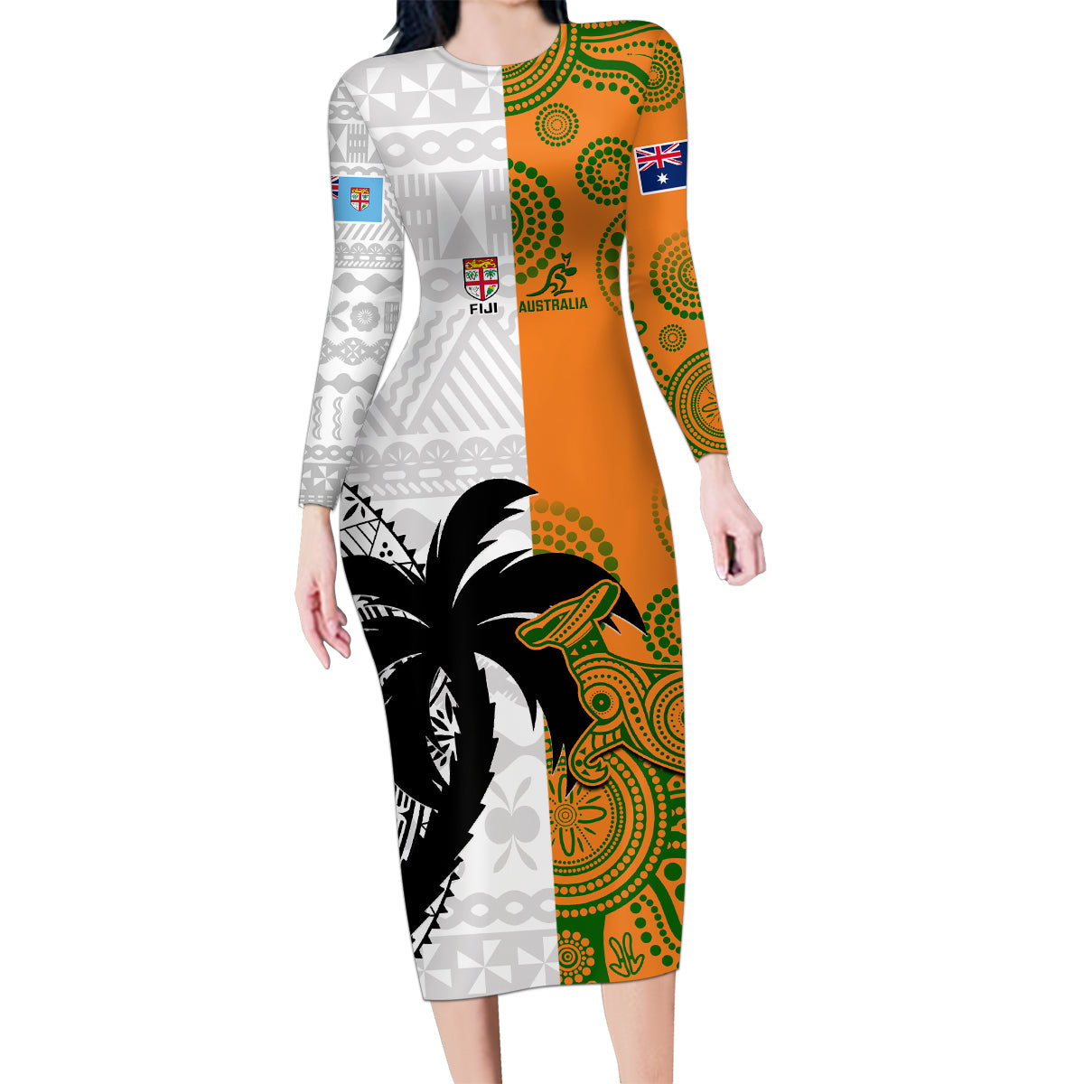 fiji-and-australia-rugby-family-matching-long-sleeve-bodycon-dress-and-hawaiian-shirt-2023-world-cup-aboriginal-mix-tapa-pattern