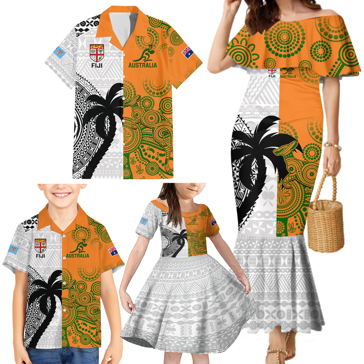 fiji-and-australia-rugby-family-matching-mermaid-dress-and-hawaiian-shirt-2023-world-cup-aboriginal-mix-tapa-pattern