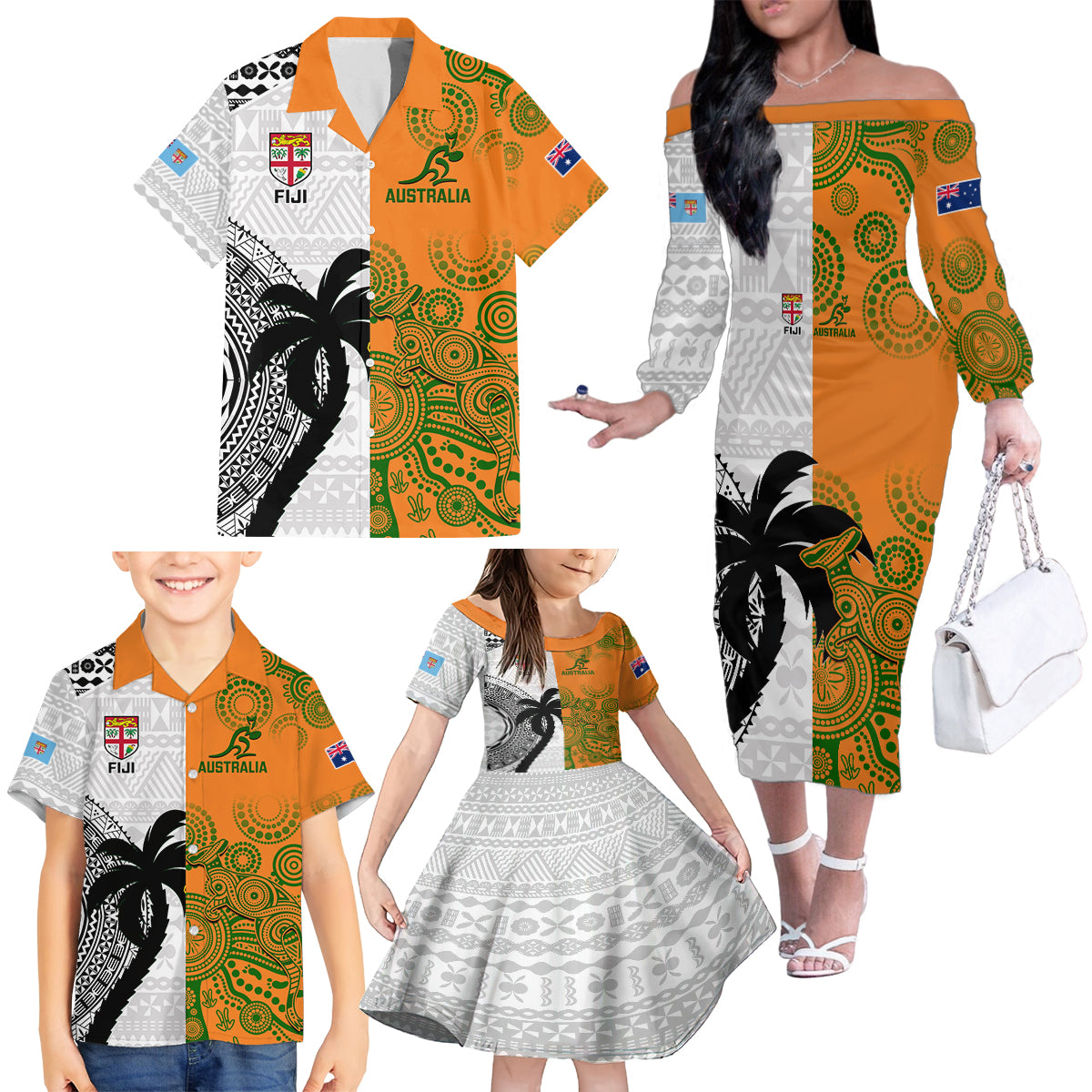 fiji-and-australia-rugby-family-matching-off-shoulder-long-sleeve-dress-and-hawaiian-shirt-2023-world-cup-aboriginal-mix-tapa-pattern