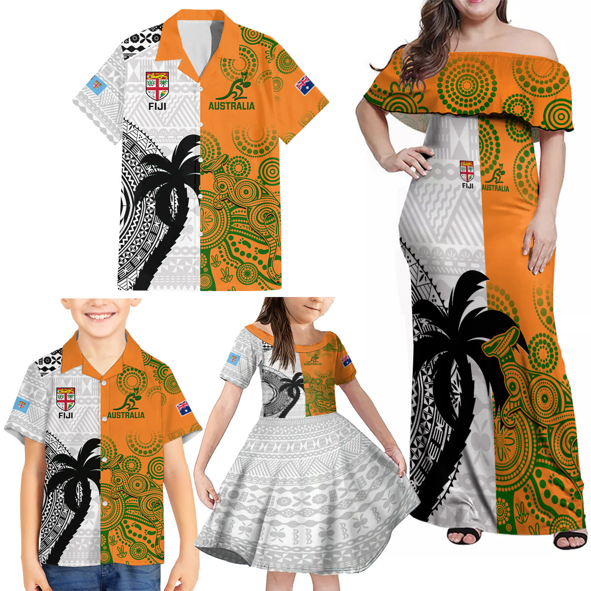 fiji-and-australia-rugby-family-matching-off-shoulder-maxi-dress-and-hawaiian-shirt-2023-world-cup-aboriginal-mix-tapa-pattern