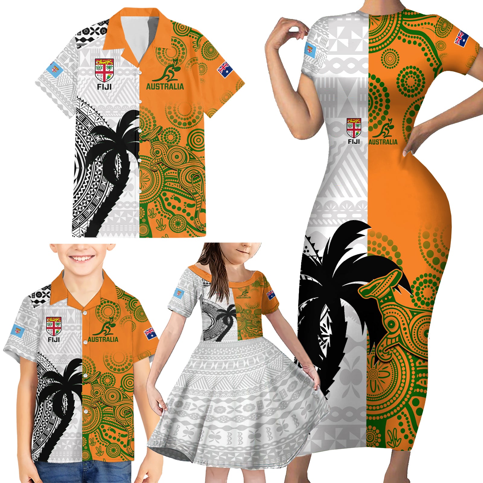 fiji-and-australia-rugby-family-matching-short-sleeve-bodycon-dress-and-hawaiian-shirt-2023-world-cup-aboriginal-mix-tapa-pattern