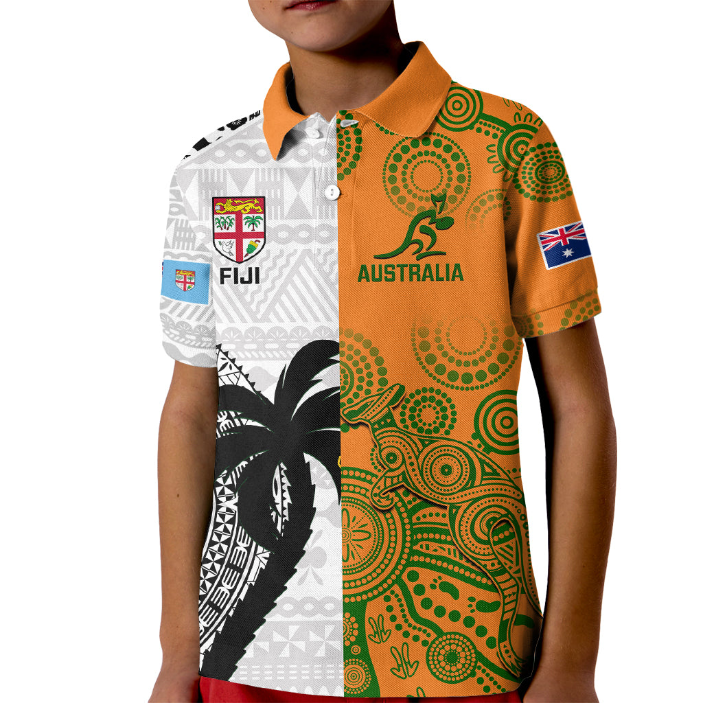 Fiji And Australia Rugby Kid Polo Shirt 2023 World Cup Aboriginal Mix Tapa Pattern LT14 Kid Gold - Polynesian Pride