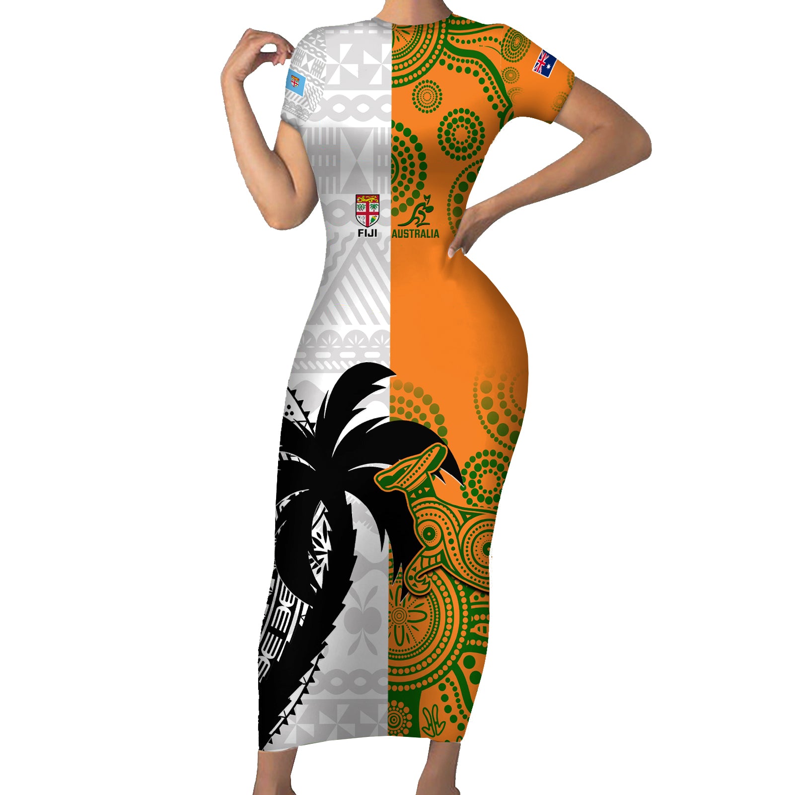 fiji-and-australia-rugby-short-sleeve-bodycon-dress-2023-world-cup-aboriginal-mix-tapa-pattern