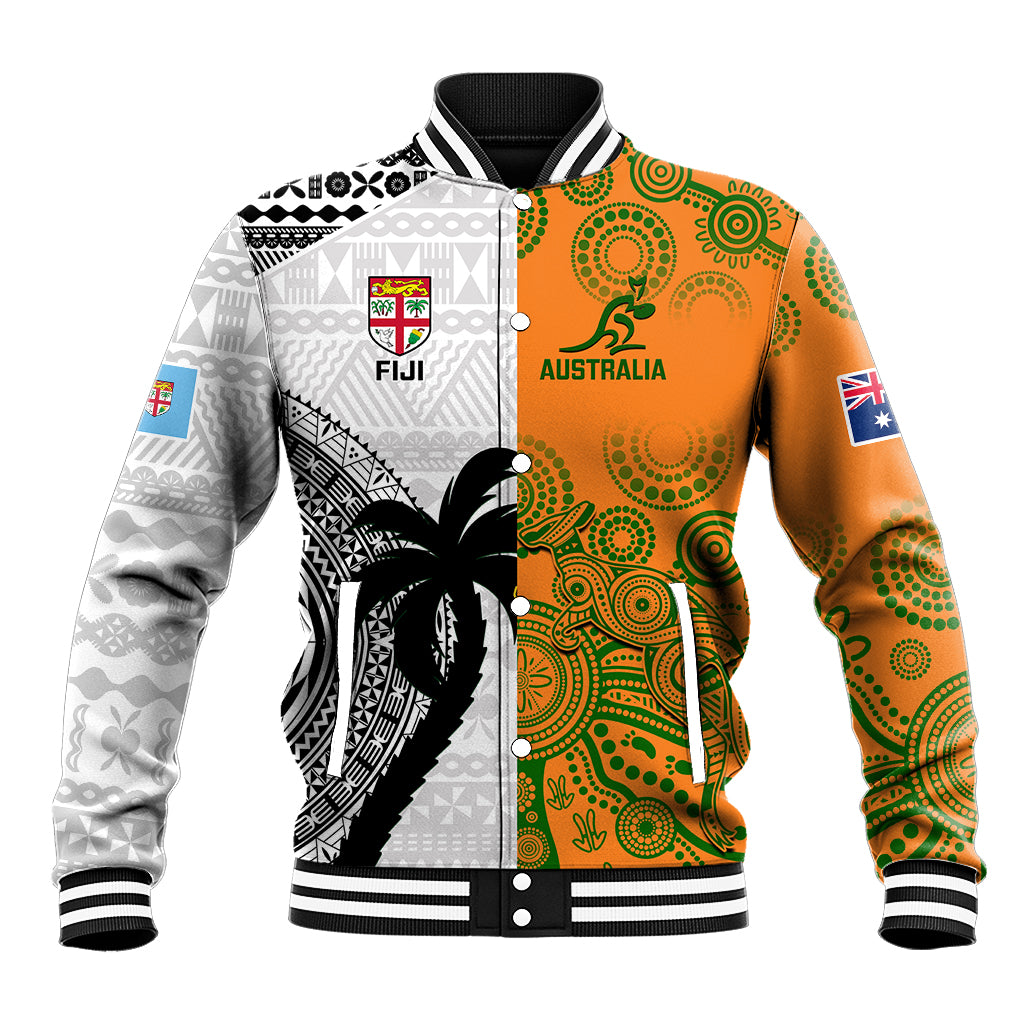 Custom Fiji And Australia Rugby Baseball Jacket 2023 World Cup Aboriginal Mix Tapa Pattern LT14 Unisex Gold - Polynesian Pride