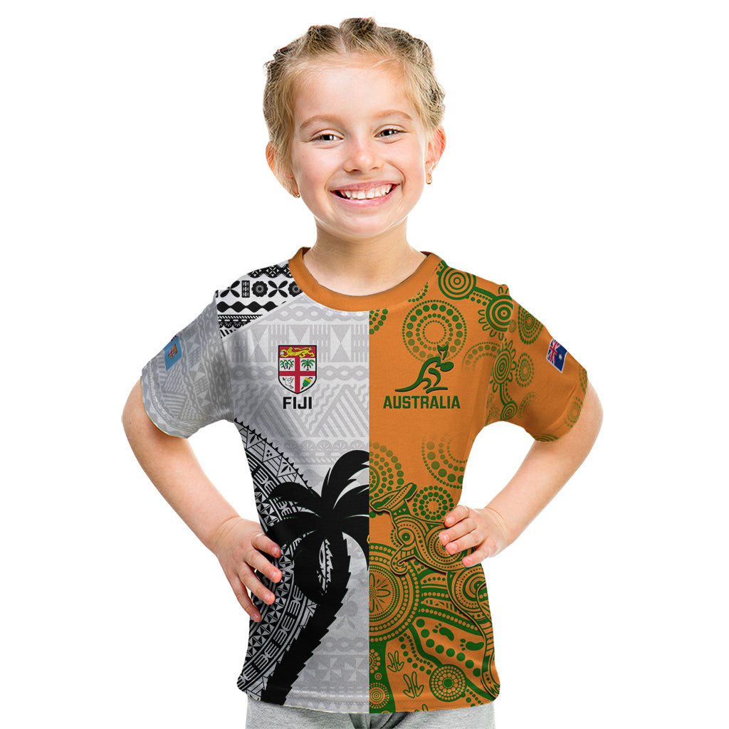 Custom Fiji And Australia Rugby Kid T Shirt 2023 World Cup Aboriginal Mix Tapa Pattern LT14 Gold - Polynesian Pride