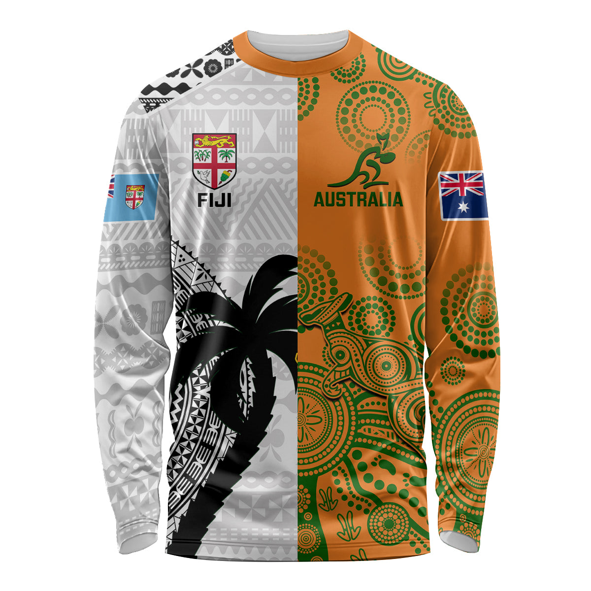 Custom Fiji And Australia Rugby Long Sleeve Shirt 2023 World Cup Aboriginal Mix Tapa Pattern LT14 Unisex Gold - Polynesian Pride