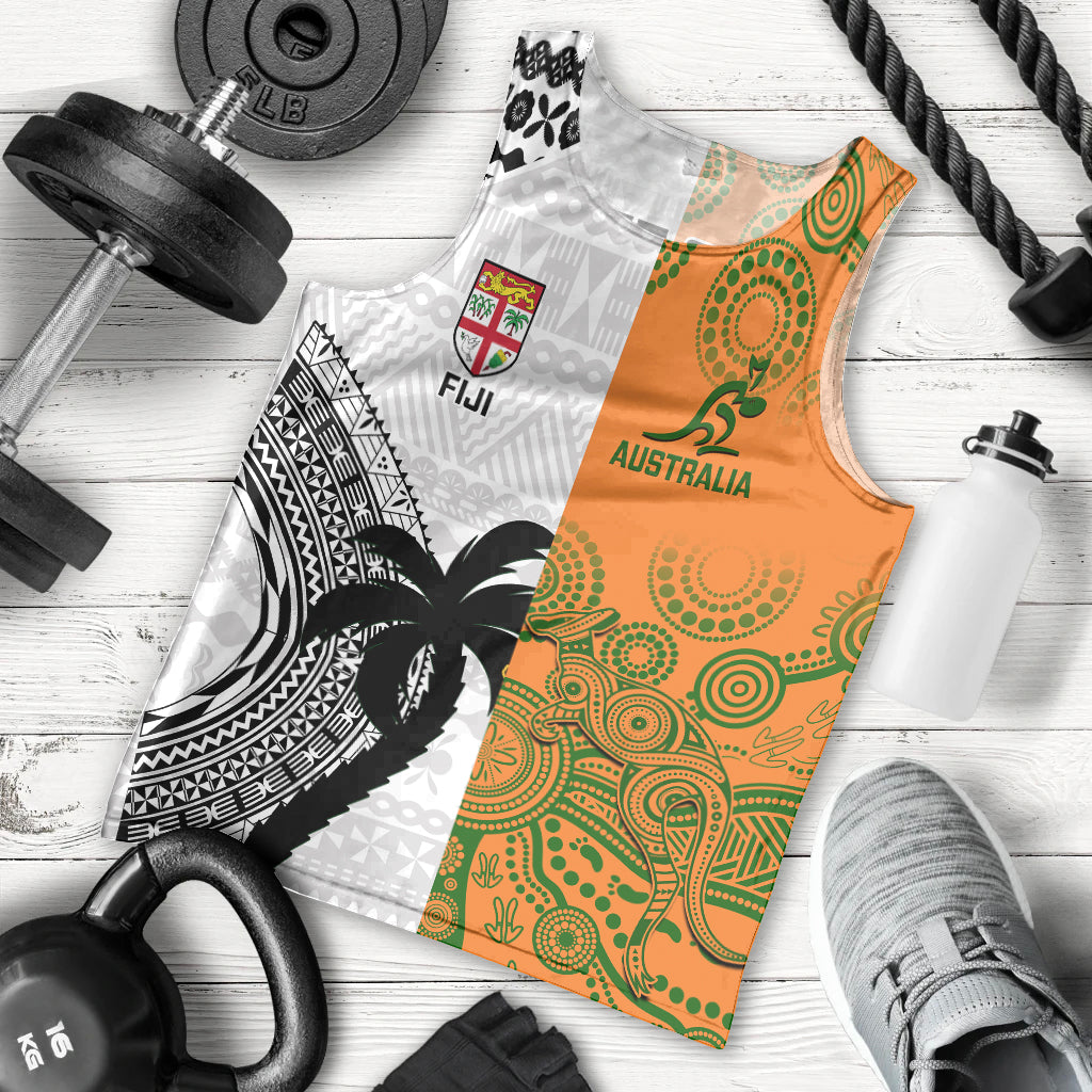Custom Fiji And Australia Rugby Men Tank Top 2023 World Cup Aboriginal Mix Tapa Pattern LT14 Gold - Polynesian Pride